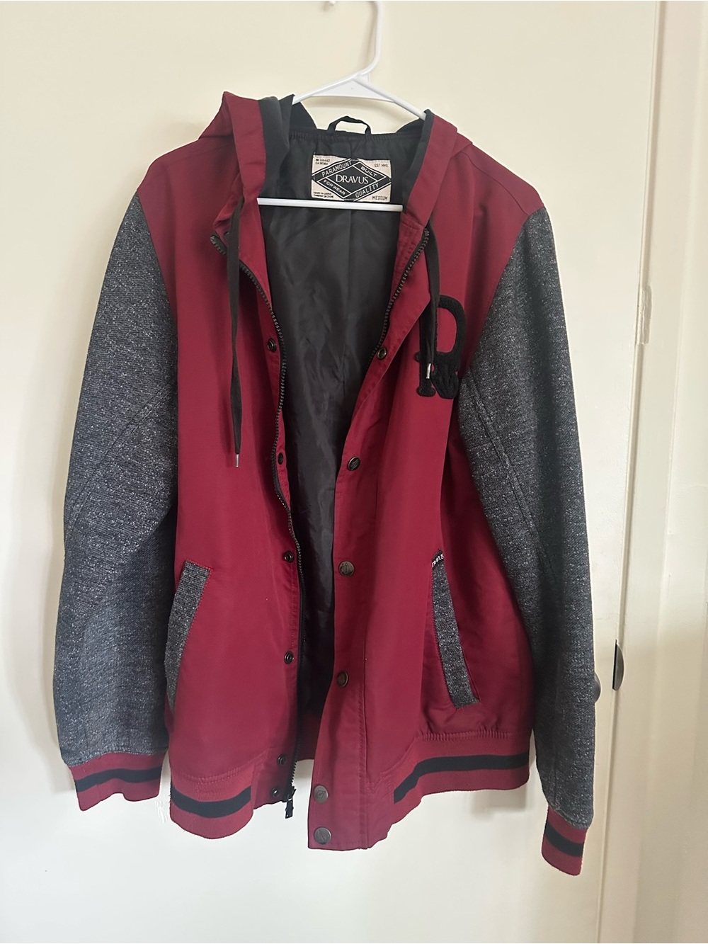 Dravus Hooded Bomber Jacket in Burgundy and Gray